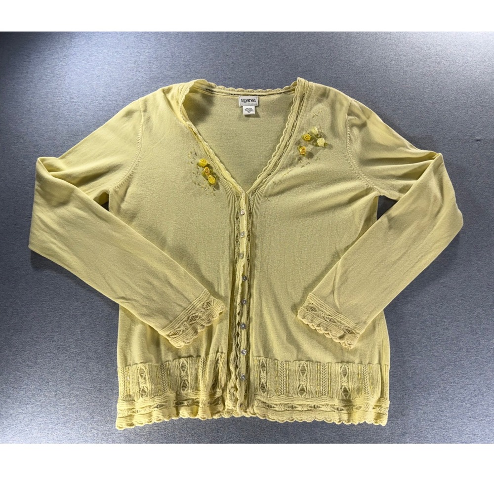 Together Yellow Cotton Cardigan XL Ribbon Roses Beaded Pointelle Lace Knit